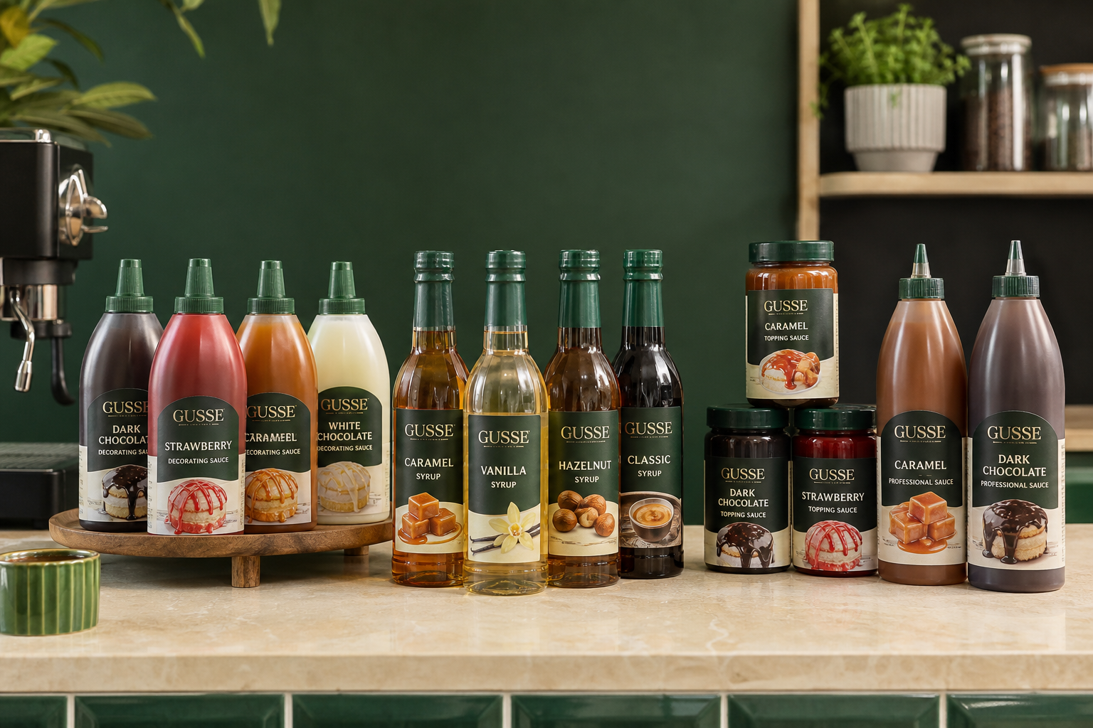 Real GUSSE syrups, decorating sauces, toppings and professional sauces
